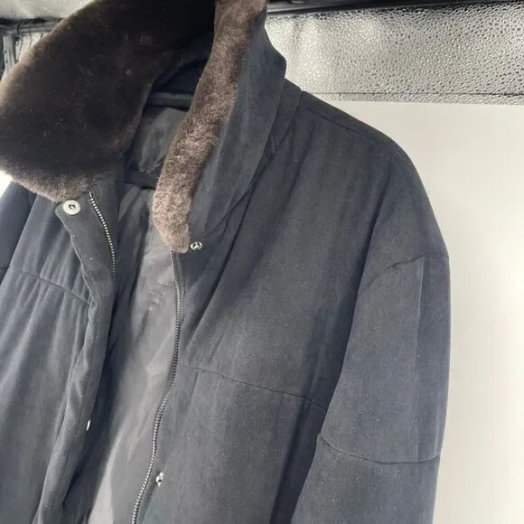 Jones New York Black Modacrylic Velvety Winter Coat XL Faux Fur Trim Full Zip - Picture 15 of 16